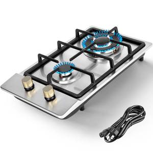 lot 4564 image: Llamaviva Gas Stove 12 Inch, Propane Cooktop 2 Burner, Portable Gas Cooktop Stainless Steel, Dual Fuel LPGNG Convertible with Thermocouple Safety Protection for Kitchen, RV, Camping, Outdoor - Retail $80