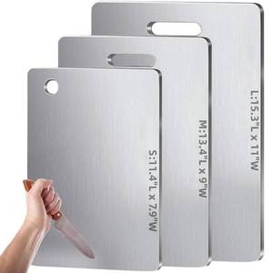 lot 4567 image: Titanium Cutting Boards for Kitchen-Dual-Sided Stainless Steel Cutting Board Hangable Design, Easy to Clean, Durable and Rust-Resistant for Meat Fruit & Vegetable Various Cooking Tasks (SML) - Retail $28