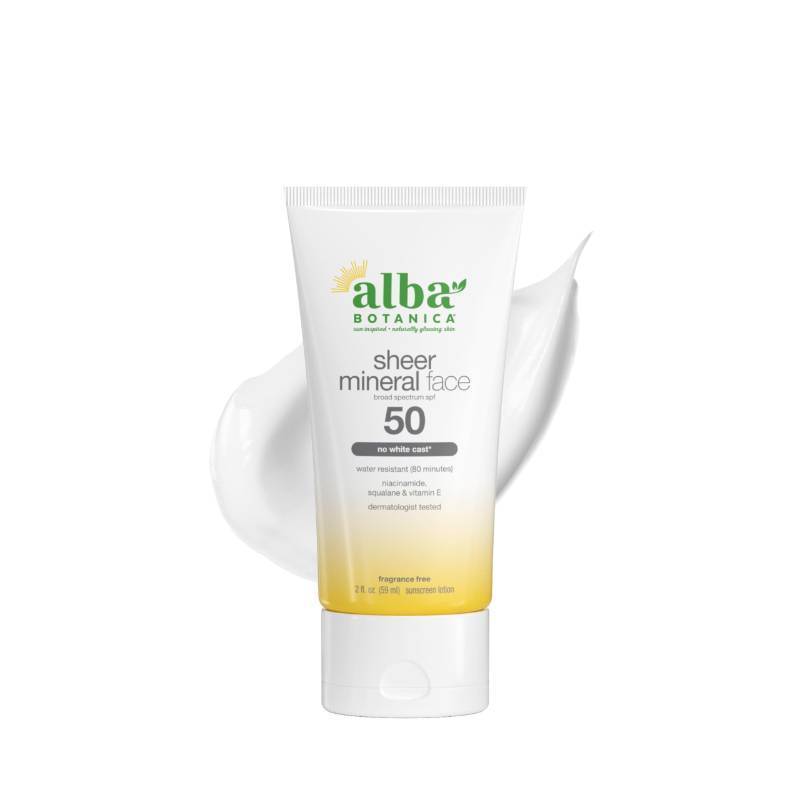 lot 4306 image: Alba Botanica Sunscreen for Face, Fragrance-Free Sheer Mineral Face Sunscreen Lotion, Broad Spectrum SPF 50, Water Resistant and Biodegradable, 2 fl. oz. Bottle (Packaging May Vary) - Retail $12