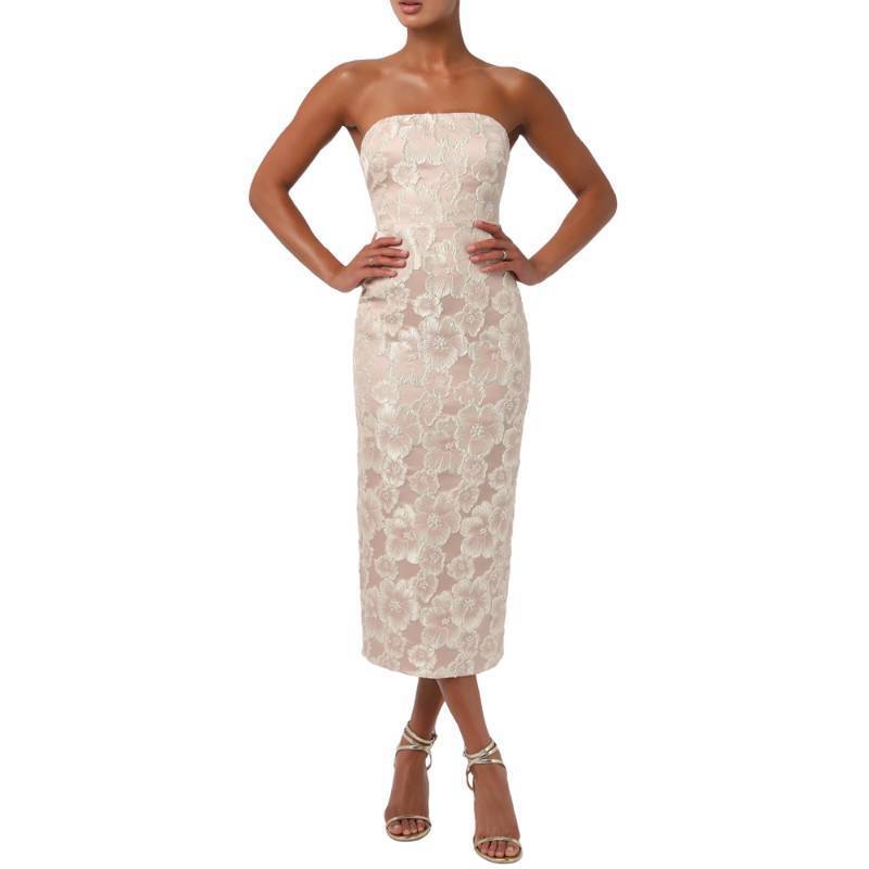 lot 4431 image: Lulus Isla Strapless Midi Dress for Women Floral Jacquard Strapless Elegant Column Fit Evening Party Cocktail Midi Dress Champagne XL  - Retail $122