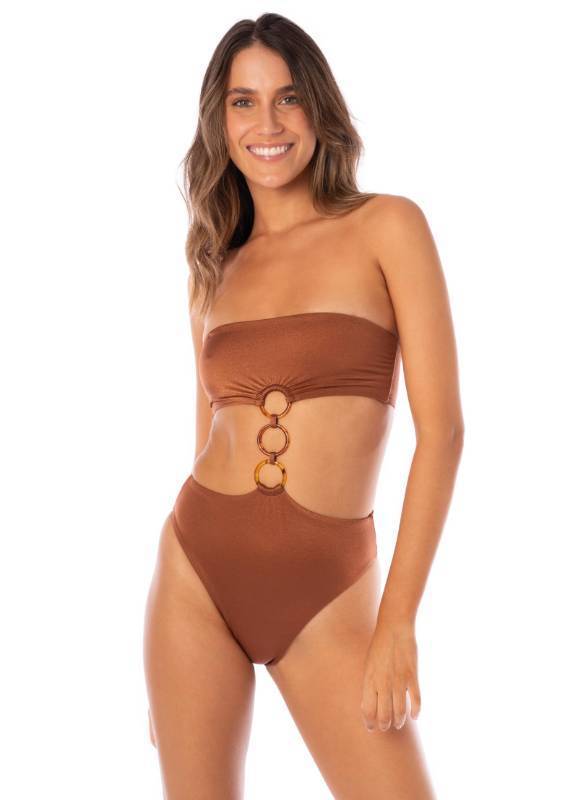 lot 4541 image: Maaji Amber Brown Makenna Bandeau One Piece, Reversible, Medium - Retail $70