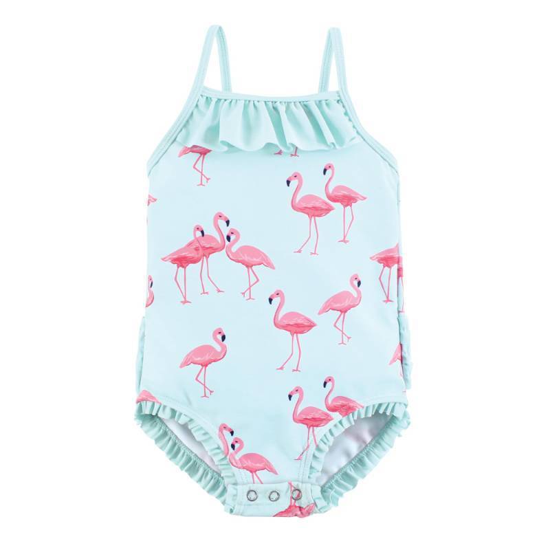 lot 4577 image: Hudson Baby Girls Baby and Toddler Swimsuit, Mint Flamingo, 6-9 Months - Retail $15