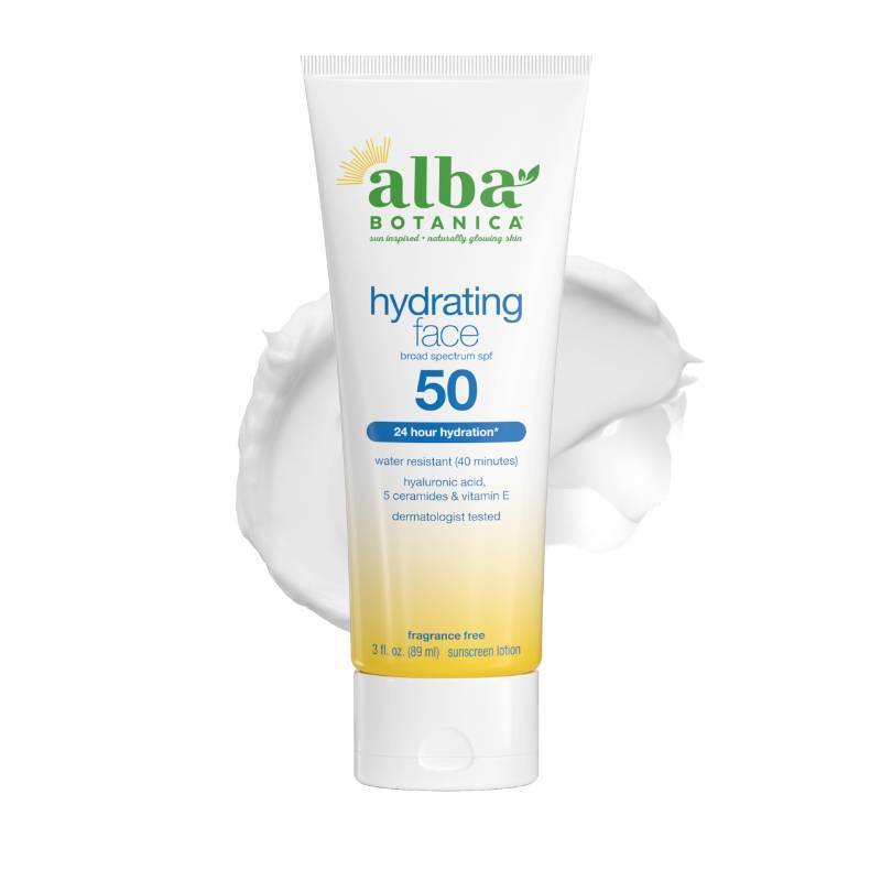 lot 3879 image: Alba Botanica Hydrating Face Sunscreen Lotion, SPF 50 Broad Spectrum Protection, 24 Hour Hydration, Water Resistant (40 minutes), Fragrance Free, Oxybenzone-Free, 3 Fl. Oz - Retail $11