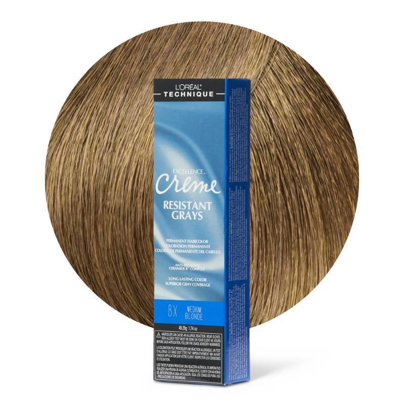 lot 3882 image: LOREAL TECHNIQUE Excellence Creme Resistant Grays Permanent Hair Color - Max Coverage on Resistant Grays, Rich Creme No-Drip Formula &amp Patented Gray Seeking Dyes For All Hair Types, 8x Medium Blonde - Retail $14