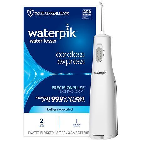 lot 3988 image: Waterpik Cordless Express Portable Water Flosser with 2 Settings  2 Tips  ADA Accepted  White - Retail $130