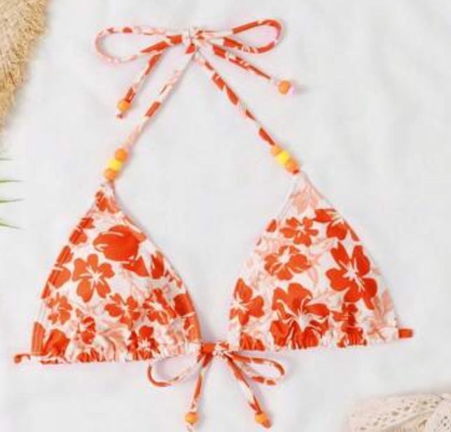 lot 1211 image: Orange Floral Print Bikini Top with Beaded Ties XL