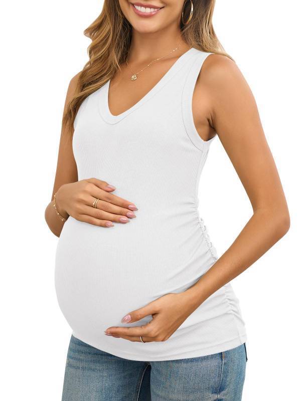 lot 1247 image: FMEYOA Maternity Shirt Summer Slim Fitting V Neck Sleeveless Tank Tops Pregnancy Clothes White S