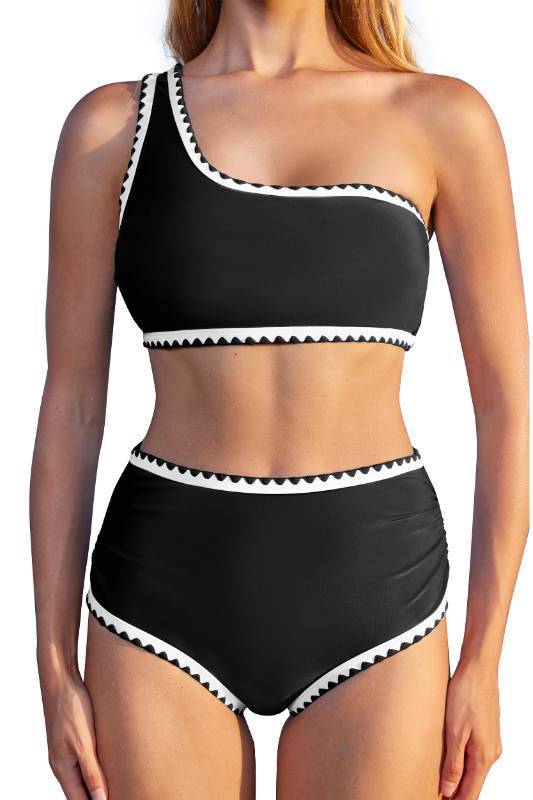 lot 1469 image: MOOSLOVER Women Bikini Sets One Shoulder High Waisted Swimsuit Whip Stitch 2 Piece Bathing Suits(M,Black) - Retail $20