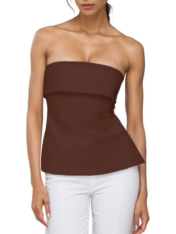 lot 1629 image: Strapless Tube Tops for Women Backless Going Out Bandeau Top Sexy Trendy Off Shoulder Side Split Summer Bustier Tops Brown XS - Retail $20