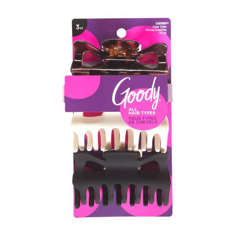 lot 4023 image: Goody SlideProof Large Claw Clips - 3 Ct, Tortoise Print, Black Matte & Ivory, Secure Grip Hair Styling Accessories for Women & Men, All Hair Types - Retail $6