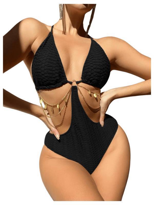 lot 4143 image: OYOANGLE Womens Swimsuits 2 Piece Triangle Halter Thong Bikini Set Striped Tape High Cut Bathing Suits Black Large - Retail $34