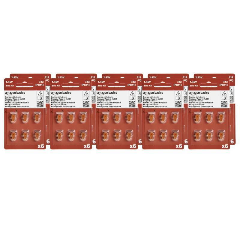 lot 4185 image: Amazon Basics 60-Pack Hearing Aid Batteries Size 312, 1.45 Volt, Zinc Air Technology, Long-Lasting, 4-Year Shelf Life, Mercury Free, Brown Tab, Child-Safe Package - Retail $16