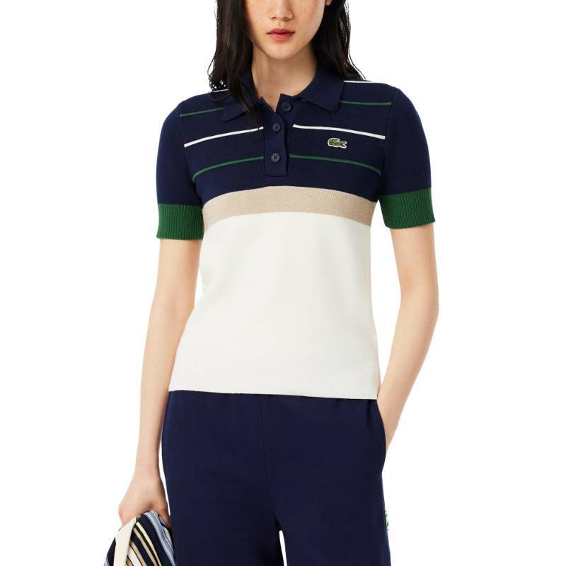 lot 4299 image: Lacoste Womens Made in France Short Sleeve Polo Sweater WColorblock Stripes, LaplandNavy Blue, 8 - Retail $119