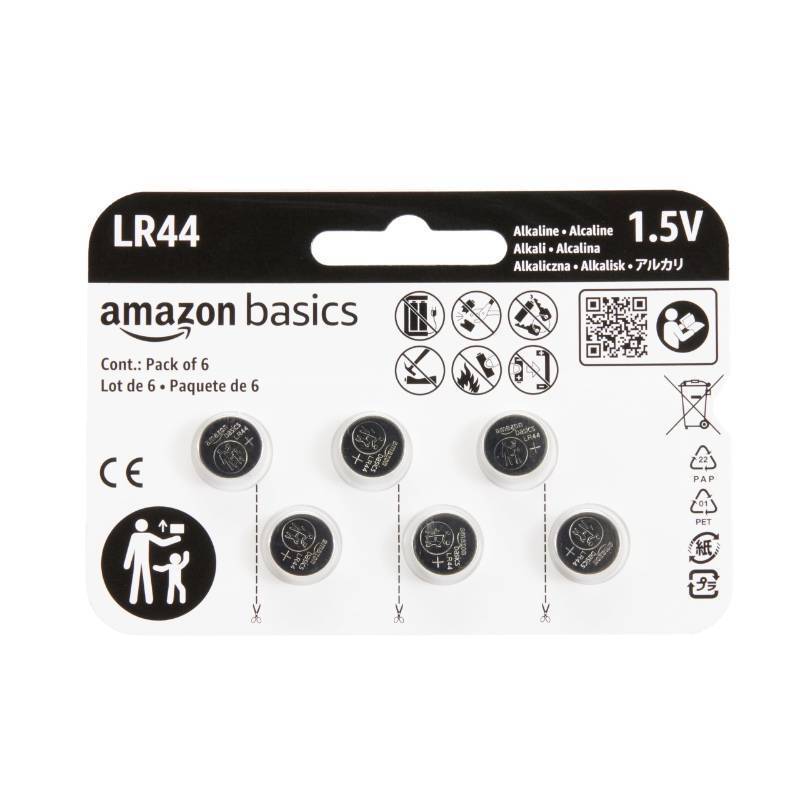 lot 3254 image: Amazon Basics 6-Pack LR44 Alkaline Button Cell Replacement Battery, 1.5 Volt, Long Lasting Power, Mercury-Free&nbsp