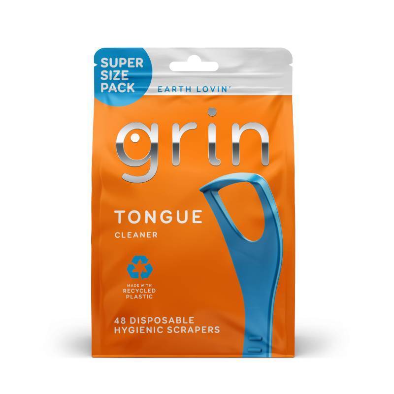 lot 1013 image: GRIN Tongue Cleaner, 48 Count, Disposable Tongue Cleaner, Hygienic Scraper, Recycled Plastic, Clean Tongue, Promote Fresh Breath, Includes Safe Fold- Back Tooth Pick