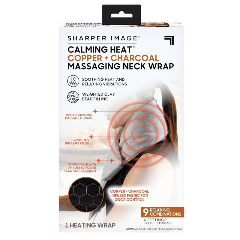 lot 1341 image: Calming Heat Neck Wrap by Sharper Image  Weighted Copper &amp Charcoal, Heating Pad, Auto Shut-Off Feature, Gift for Holidays, Women &amp Men  3 Heat &amp 3 Vibrating Massage Settings - Retail $27