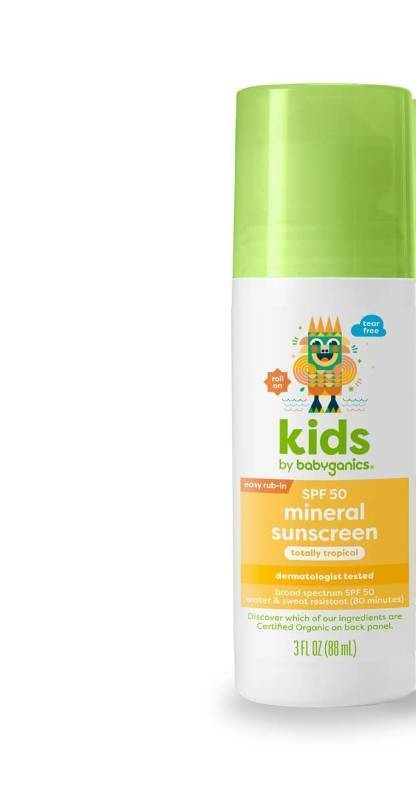 lot 2268 image: Babyganics SPF 50 Kids Mineral Sunscreen Roller Ball, Totally Tropical  UVA UVB Protection  Octinoxate & Oxybenzone Free  Water Resistant  (3 ounce)