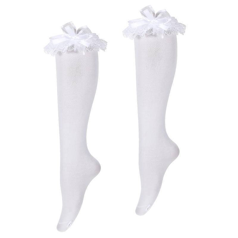 lot 2333 image: LIQWEI 1 Pairs White Knee High Socks with Bow, Cotton Soft Knee High Socks With Lace Ruffle Bow, High Stockings for Daily Wear School Dating Dance