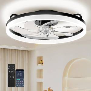 lot 4183 image: Amceiling Ceiling Fans with Lights and Remote, 20 Inch Low Profile Ceiling Fan, Upgrade 7-Blade Flush Mount LED Fan Light, 3000K-6500K Dimmable Modern Fandelier Ceiling Fans for Bedroom, Black - Retail $80