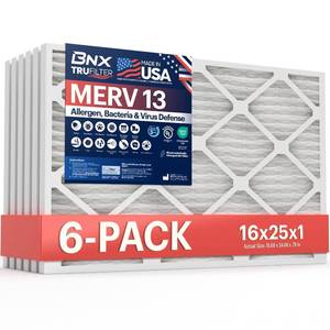 lot 4198 image: BNX TruFilter 16x25x1 Air Filter MERV 13 (6-Pack) - MADE IN USA - Electrostatic Pleated Air Conditioner HVAC AC Furnace Filters for Allergies, Pollen, Mold, Bacteria, Smoke, Allergen, MPR 1900 FPR 10 - Retail $51
