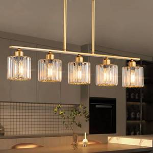 lot 4210 image: 36 Chandeliers for Dining Room, 5-Light Brass Island Lights for Kitchen, Adjustable K9 Crystal Pendant Lights Kitchen Island Lighting Gold Dining Room Light Fixture Chandeliers over Table E26 - Retail $163
