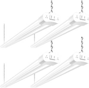 lot 4231 image: hykolity 4 Pack Linkable LED Shop Light, 4FT 42W 250W Equivalent, 4400lm, 5000K Daylight, with Plug, Utility Light Fixture, Hanging or Surface Mount, White - Retail $34