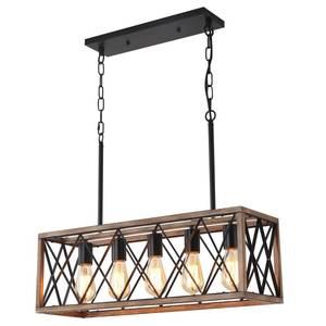 lot 4238 image: KEESFU 5-Light Dining Room Light Fixture, Farmhouse Kitchen Island Lighting,Adjustable Height Pendant Light, Rustic Linear Chandelier for Kitchen, Dining Room Table, Pool Table. (Wood Grain Color) - Retail $109