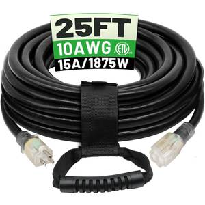 lot 4254 image: POWGRN 25 Ft 10AWG Black Outdoor Extension Cord Waterproof Heavy Duty 10 Gauge 3 Prong, Flexible Cold-Resistant Power Cord Indoor & Outside with Lighted Indicator End, 15Amp 1875W SJTW ETL Listed - Retail $39