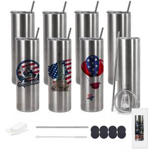 lot 4269 image: Stvyar 20oz Flat edge sublimation tumblers Sliver skinny insulated Sublimation tumbler Straight Cups with Individual Gift Box, Silicone Bottom Polymer Coating for Heat Transfer (8, silver) - Retail $31