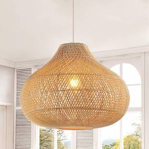 lot 4272 image: Karjearl Large Rattan Pendant Light, 19.7 Rattan Boho Wicker Chandelier Hand-Woven Basket Pendant Light Fixtures for Dining Room Kitchen Island Living Room - Retail $200
