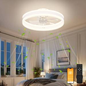 lot 1001 image: VOLISUN Low Profile Ceiling Fans with Lights and Remote, 27.6in Flush Mount Ceiling Fans with Light, 3000K-6500K Dimmable Fandelier LED Fan Light, White Bladeless Ceiling Fans with Lights for Bedroom - Retail $86