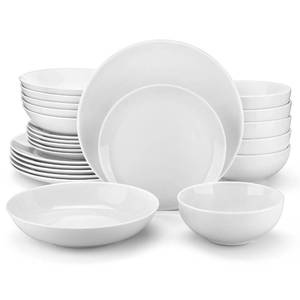 lot 1007 image: MALACASA 24-Piece Gourmet Porcelain Dinnerware Sets, Modern White Round Dish Set for 6 - Premium Serving Plates and Bowls Sets for Dessert, Salad, Soup, Pasta - Series AMELIA - Retail $110