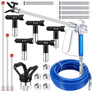 lot 1012 image: 16 Pieces Paint Sprayer Hose Set, Airless Paint Sprayer Hose Kit with Spray Gun 5 Reversible Nozzles 1 Hand Tight Tip Guard 3 Airless Sprayer Head Extensions 5 Airless Spray Gun Mesh Filters (Black) - Retail $69