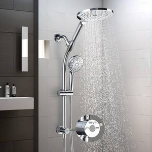 lot 1018 image: 7.5 Rotatable Dual Shower Head with Handheld Combo, Kids Friendly Low 3-Way Diverter, Adjustable Slide Bar for Whole Family Use, Enjoy High Pressure Rainfall Spa Shower, Polished Chrome Finish - Retail $74