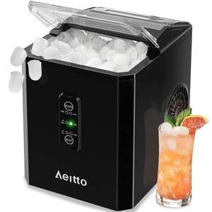 lot 1030 image: Aeitto Ice Makers Countertop, 9 Ice Cubes Release in 6 Mins, 26Lbs24H, 2 Sizes of Bullet Ice Machine,Self-Cleaning Portable Ice Maker with Ice Scoop and Basket for Home Kitchen Office Bar RV, Black - Retail $100