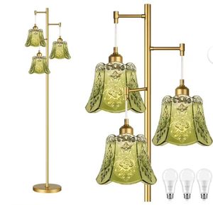 lot 1044 image: QIYIZM Gold Floor Lamp for Living Room,Bedroom,Tree 3 Light Standing Lamp Mid Century Modern Brass Tall Floor Lamps Vintage Retro Floor Lights Glass Green Flower Lamp Shade Farmhouse Boho Bohemian - Retail $91