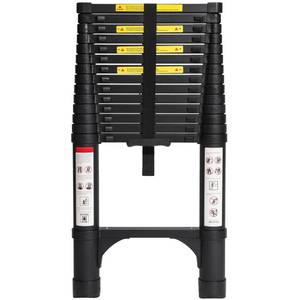 lot 1045 image: BOCOM 14.5 FT Aluminum Telescoping Ladder, Lightweight Multi-Purpose Collapsible Extension with 2 Triangle Stabilizers, Heavy Duty 330 lbs Max Capacity, Ideal for Home, RV, and Outdoor Work Black - Retail $120