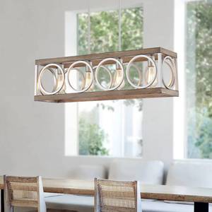 lot 1048 image: XINGQI 31.5 Farmhouse Dining Room Chandeliers, Large Rectangle Vintage Hanging 4-Light Kitchen Island Lighting,Fixture Rustic Metal Pendant Light, Antique Wood Grain - Retail $180
