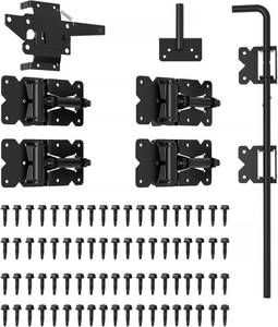 lot 1055 image: JZVXX Vinyl Fence Gate Double Gate Hardware Kit Black (for Vinyl, PVC etc Fencing) Fence gate Hardware Fence Gate Kit has 4 Hinges, 1 Latch, and 1 Drop Rod(MWJ) - Retail $80
