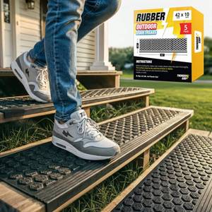 lot 1068 image: Rubber Stair Treads Outdoor 42x10 5-Pack - Heavy-Duty Outdoor Stair Treads Non-Slip Weather Resistant - Exterior Rubber Mats for Wooden Steps - Anti Slip Step Covers by Thunder Grip - Retail $100