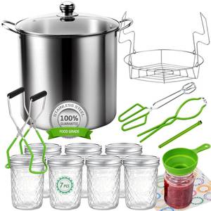 lot 1074 image: Canning Pot Water Bath Canner with Rack and Mason Jars, 20 Quart Stainless Steel Stock Pots, Canning Supplies Starter Kit Beginners Tools Set, Jar Lifter Tongs and Pickling Kit Accessories - Retail $77