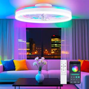 lot 1087 image: SAMPHON 19.7 Ceiling Fans with Lights, Smart RGB Color Changing Low Profile Ceiling Fan, Modern Flush Mount Fandelier with Remote and APP, 6 Speeds, Quiet DC Motor, for Living Room, Bedroom, Indoor - Retail $90