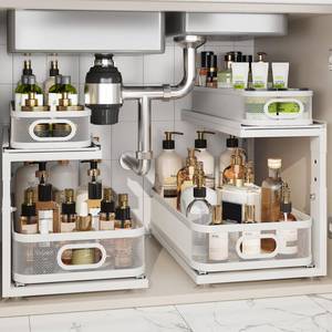 lot 1090 image: Corbyles 2 Pack 18.5IN-Depth Under Sink Organizer With Next-Gen Ball-Bearing Slides,2-Tier Precision Mesh Pull Out Cabinet Storage for Bathroom&Kitchen,Height Adjustable Drawers Shelf,Anti-rust-White - Retail $70