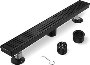 lot 1095 image: HTOH Linear Shower Drain, 42 Inch Black Shower Drain with Removable Square Hole Cover Grate, Modern 304 Stainless Steel Matte Black Shower Floor Drain with Adjustable Feet,Hair Filter - Retail $150