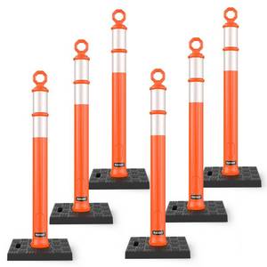 lot 1099 image: BATTIFE 6 Pack 42 Inch Orange Traffic Delineator Posts with Reflective Collars and Base, Safety Cones for Construction Zones and Driving Practice - Retail $108