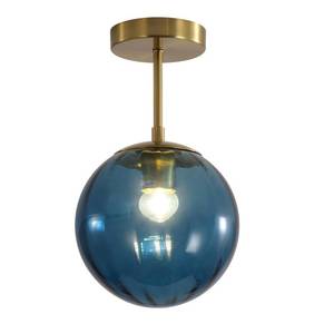 lot 1104 image: KCO Lighting Small Blue Glass Globe Ceiling Lights MCM Bedroom Semi Flush Mount Ceiling Light Brushed Gold Flush Mount Ceiling Light Fixture - Retail $56