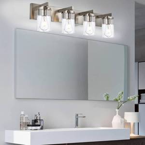 lot 1105 image: BONLICHT 4-Light Bathroom Light Fixtures Brushed Nickel Wall Sconce Lighting Modern Vanity Lights with Seeded Glass, Industrial Bathroom Farmhouse Wall Lamp for Mirror Kitchen Bedroom Living Room - Retail $129