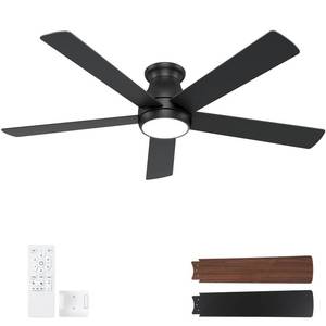 lot 1119 image: POCHFAN 60 Inch Black Ceiling Fans with Lights and Remote, LED Low Profile Flush Mount Ceiling Fan for Bedroom, Living Room, Quiet DC Motor, Dimmable 6 Speeds - Retail $120