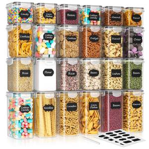 lot 1122 image: SNSLXH Airtight Food Storage Containers with Lids, 24 pcs Plastic Pantry Organizers and Storage Canisters for Cereal, Dry Food, Flour and Sugar, BPA Free, Includes 24 Labels - Retail $45