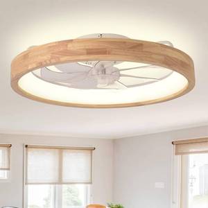 lot 1125 image: 24 Ceiling Fan with Light Fandelier Flush Mount Low Profile Wood Ceiling Fan with Dimmable LED Light 3 Color 6 Speeds - Retail $160